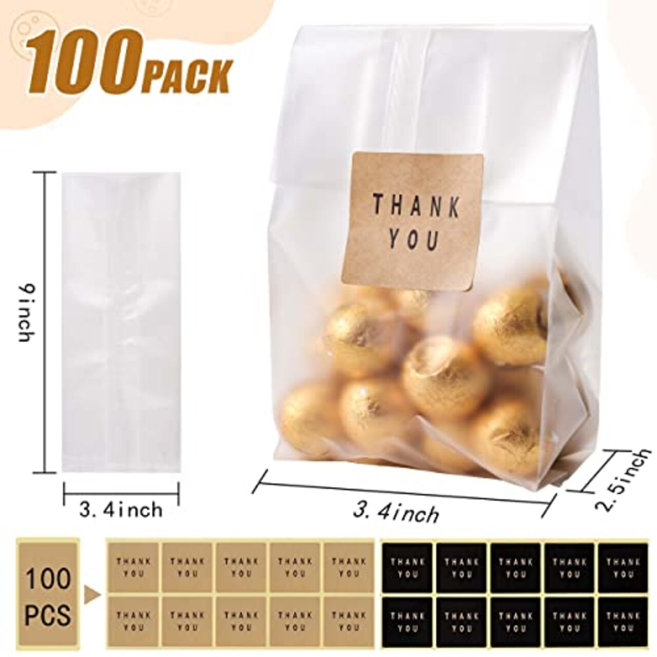 100 PACK Cellophane Treat Bags Cookie bags for Packaging Clear Gift Bags with Stickers for Cookies,Candy,Chocolates(9x3.2inch)
